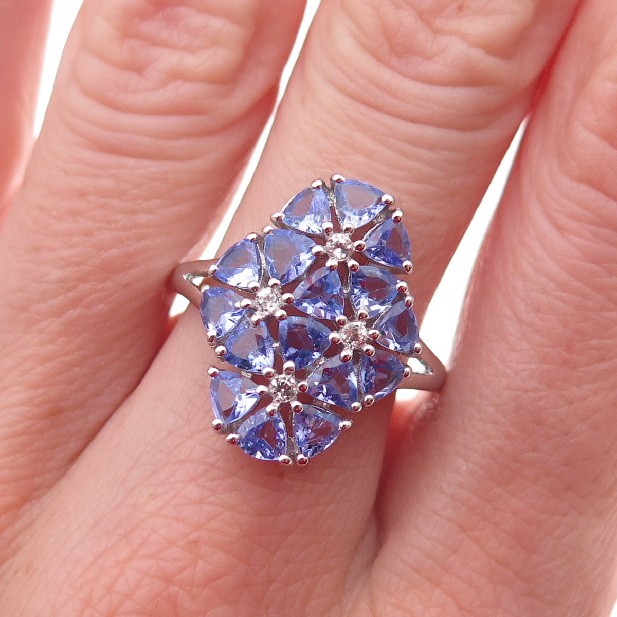 925 Sterling Silver Real Tanzanite & White Topaz Cluster Ring Size 8.25