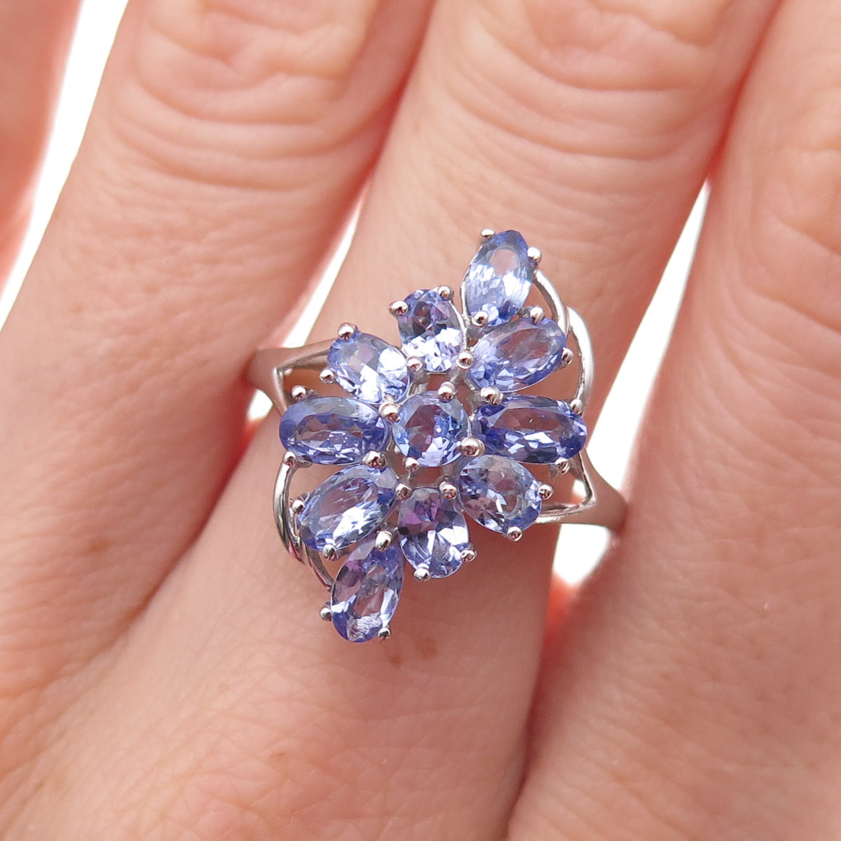Chuck Clemency 925 Sterling Silver Real Tanzanite Floral Ring Size 8