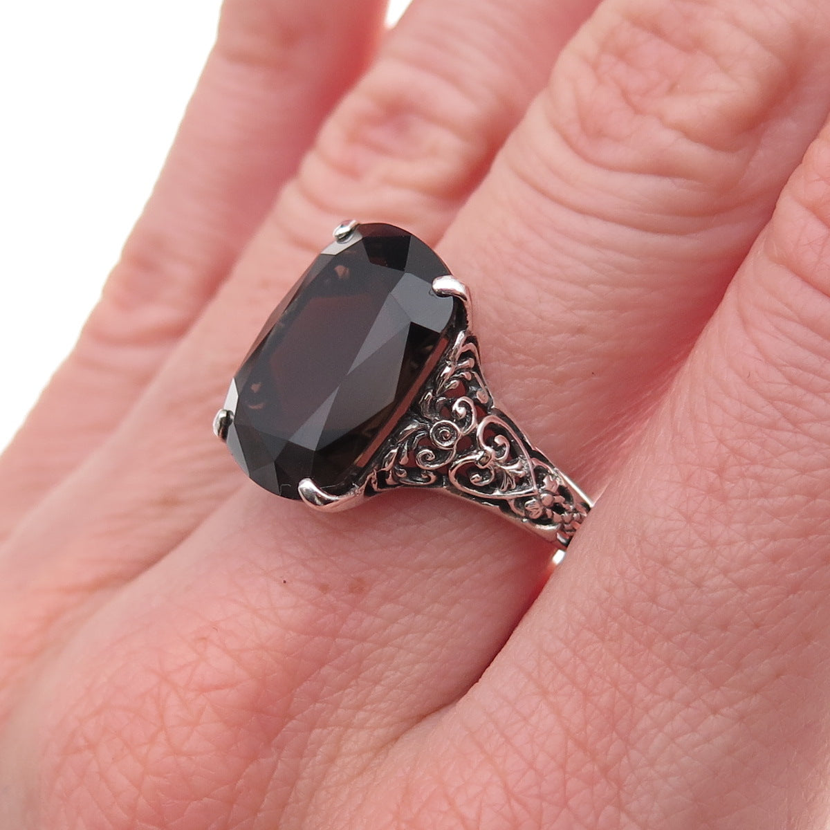 CNA Pranda 925 Sterling Silver Vintage Real Smoky Quartz Heart Ring Size 7.75