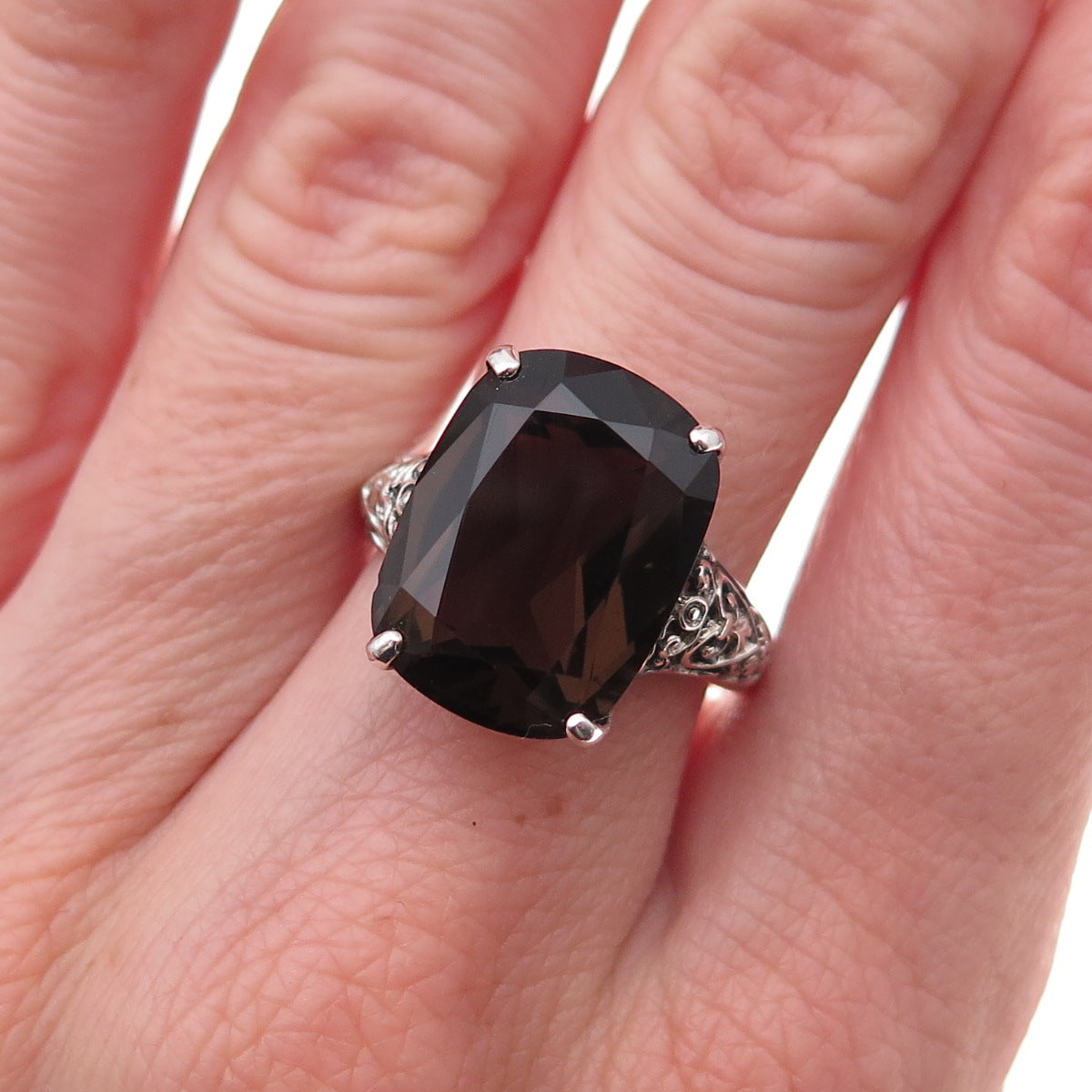 CNA Pranda 925 Sterling Silver Vintage Real Smoky Quartz Heart Ring Size 7.75