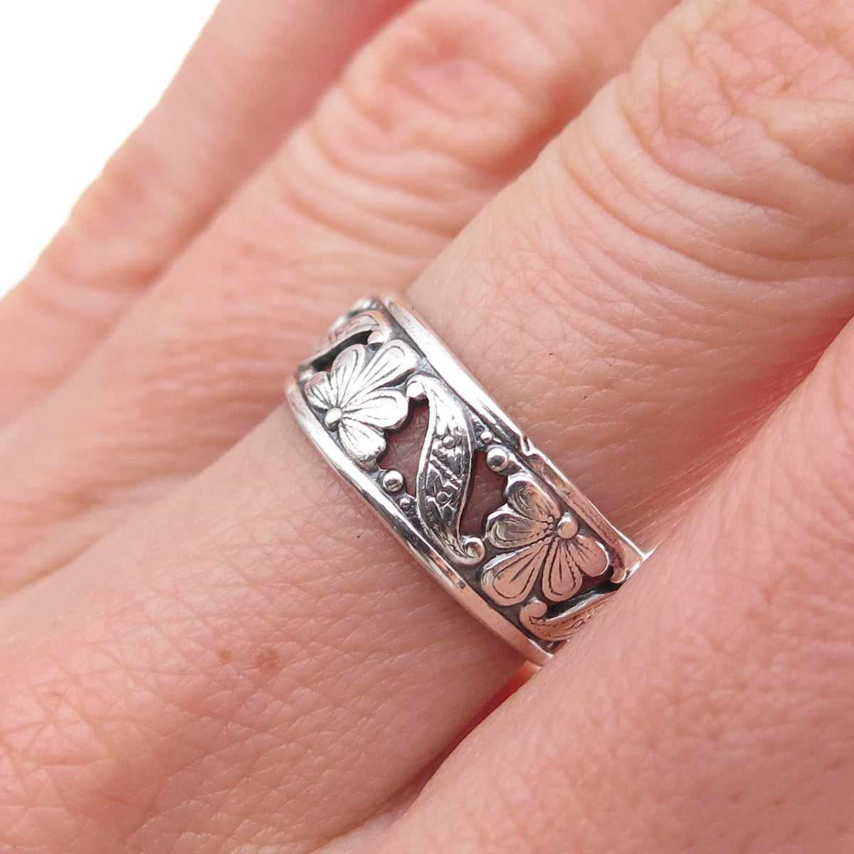 Uncas 925 Sterling Silver Antique Art Deco Floral Oxidized Band Ring Size 6