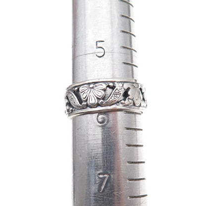 Uncas 925 Sterling Silver Antique Art Deco Floral Oxidized Band Ring Size 6