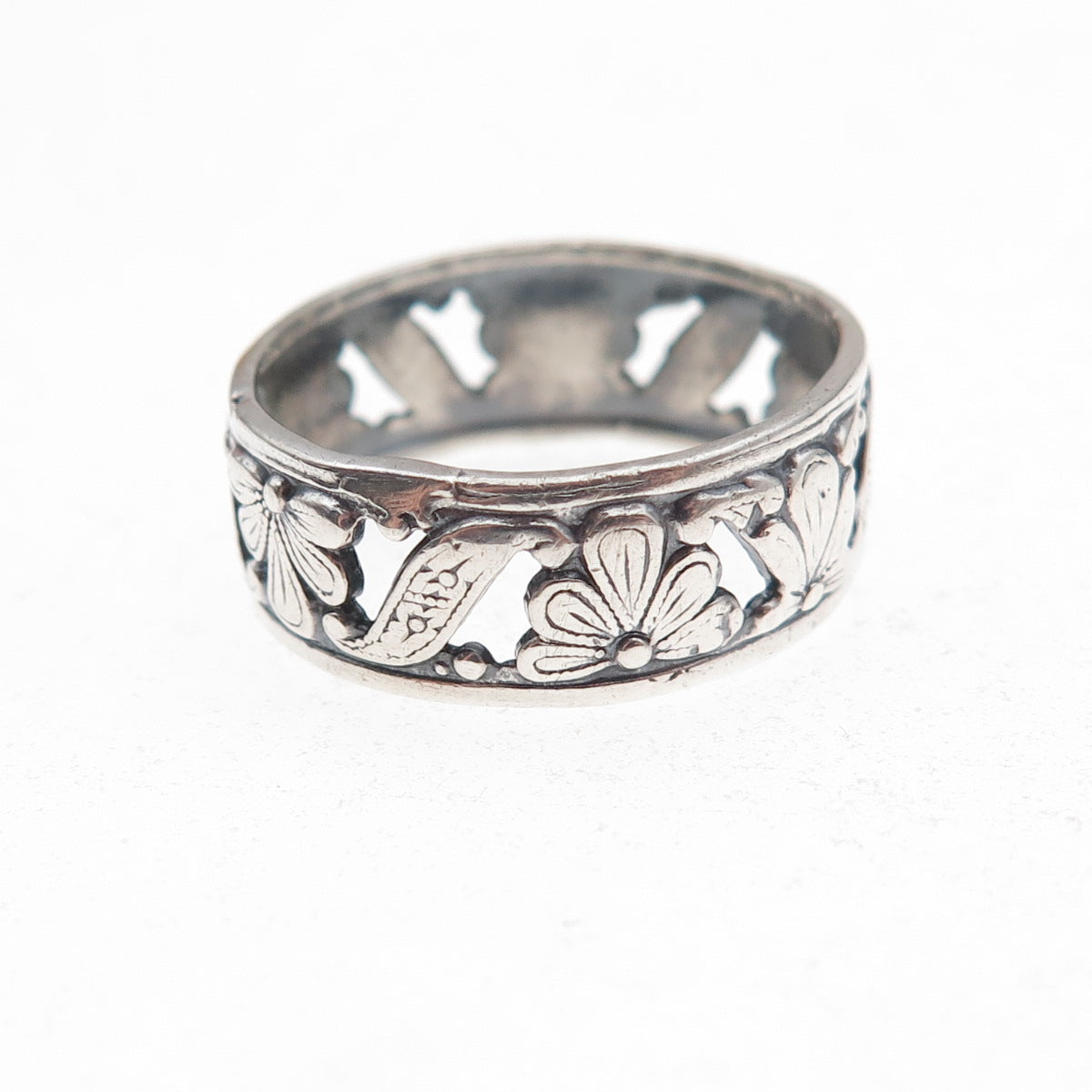 Uncas 925 Sterling Silver Antique Art Deco Floral Oxidized Band Ring Size 6