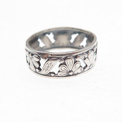 Uncas 925 Sterling Silver Antique Art Deco Floral Oxidized Band Ring Size 6