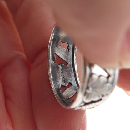 Uncas 925 Sterling Silver Antique Art Deco Floral Oxidized Band Ring Size 6