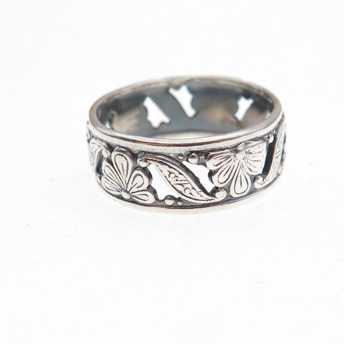 Uncas 925 Sterling Silver Antique Art Deco Floral Oxidized Band Ring Size 6