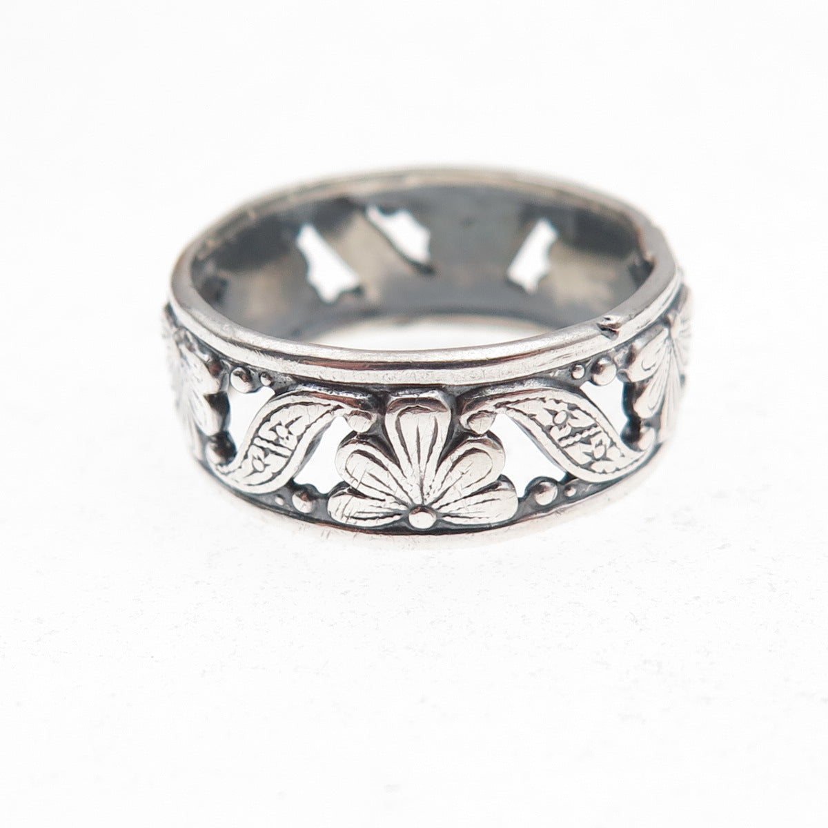 Uncas 925 Sterling Silver Antique Art Deco Floral Oxidized Band Ring Size 6