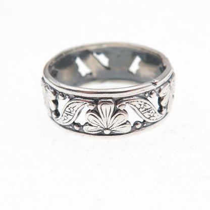 Uncas 925 Sterling Silver Antique Art Deco Floral Oxidized Band Ring Size 6