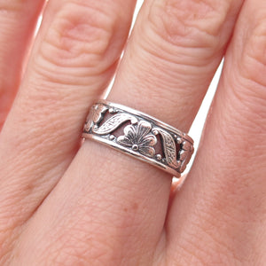 Uncas 925 Sterling Silver Antique Art Deco Floral Oxidized Band Ring Size 6