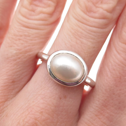 925 Sterling Silver Vintage Real Pearl Modernist Ring Size 7