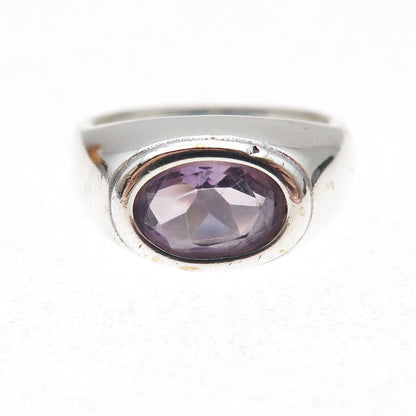 925 Sterling Silver Vintage Real Amethyst Modernist Oxidized Ring Size 7