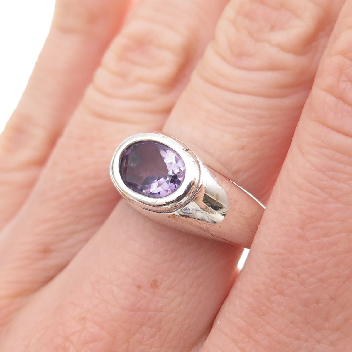 925 Sterling Silver Vintage Real Amethyst Modernist Oxidized Ring Size 7