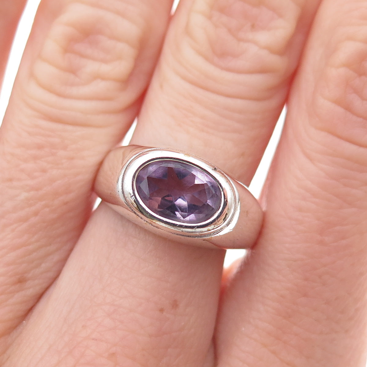 925 Sterling Silver Vintage Real Amethyst Modernist Oxidized Ring Size 7