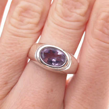 925 Sterling Silver Vintage Real Amethyst Modernist Oxidized Ring Size 7