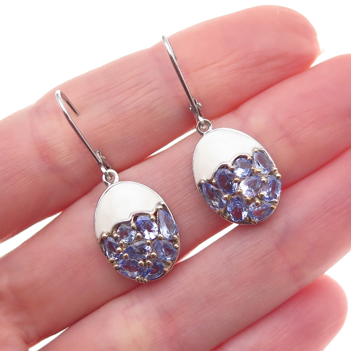 Chuck Clemency 925 Sterling Silver 2-Tone Enamel Real Tanzanite Dangle Earrings