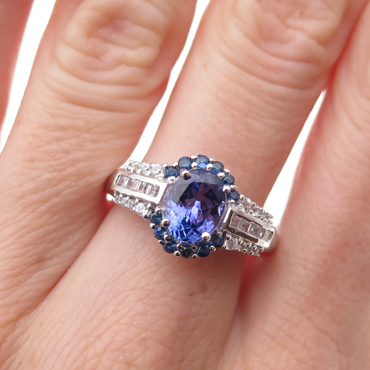 925 Sterling Silver Real Tanzanite Sapphire & White Topaz Ring Size 8