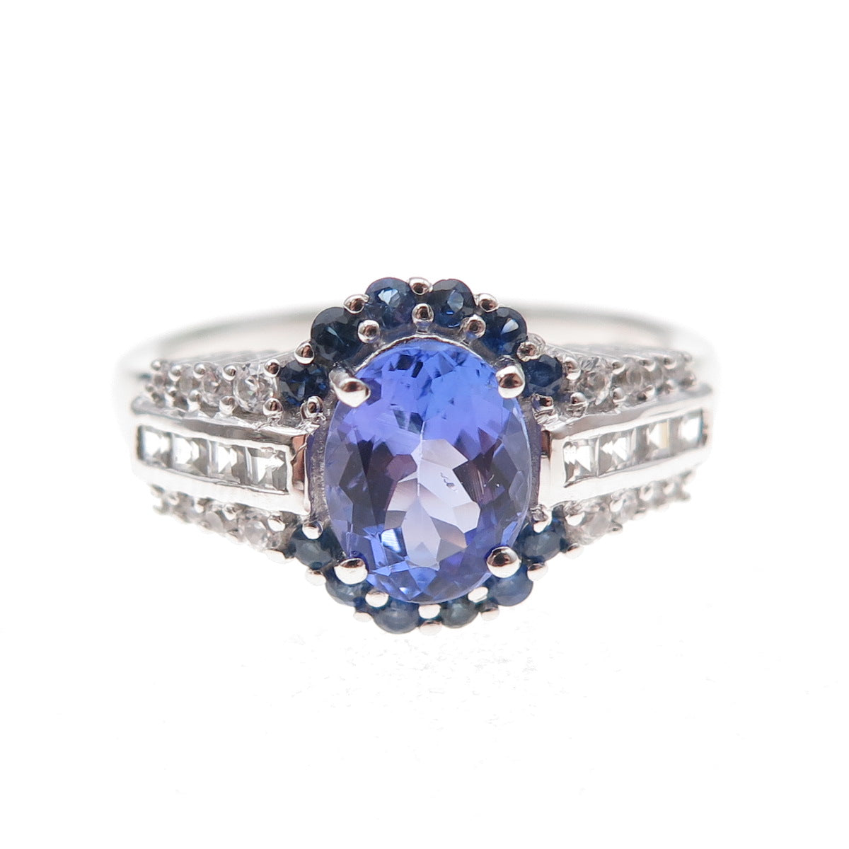 925 Sterling Silver Real Tanzanite Sapphire & White Topaz Ring Size 8