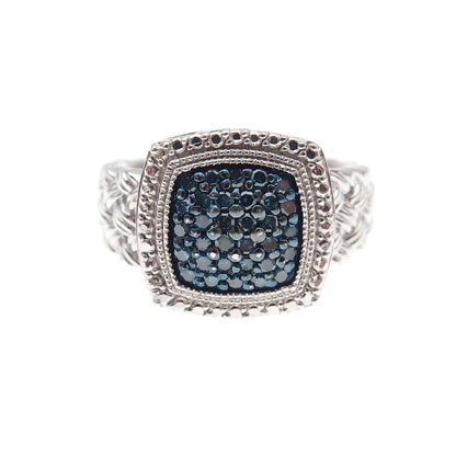 J. Stella 925 Sterling Silver Real Round-Cut Blue Diamond Heart Ring Size 6.25