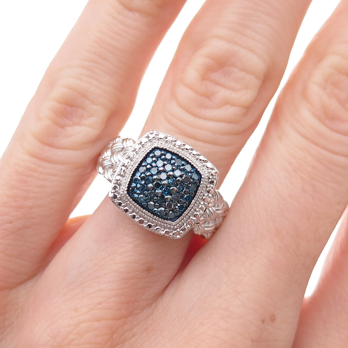 J. Stella 925 Sterling Silver Real Round-Cut Blue Diamond Heart Ring Size 6.25