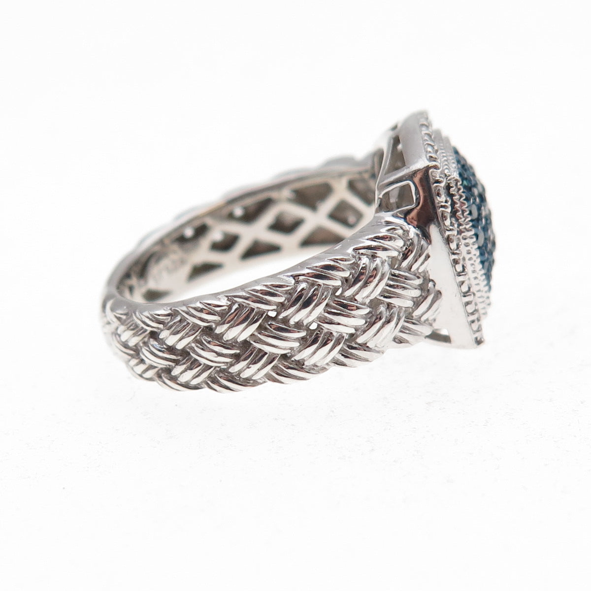 J. Stella 925 Sterling Silver Real Round-Cut Blue Diamond Heart Ring Size 6.25