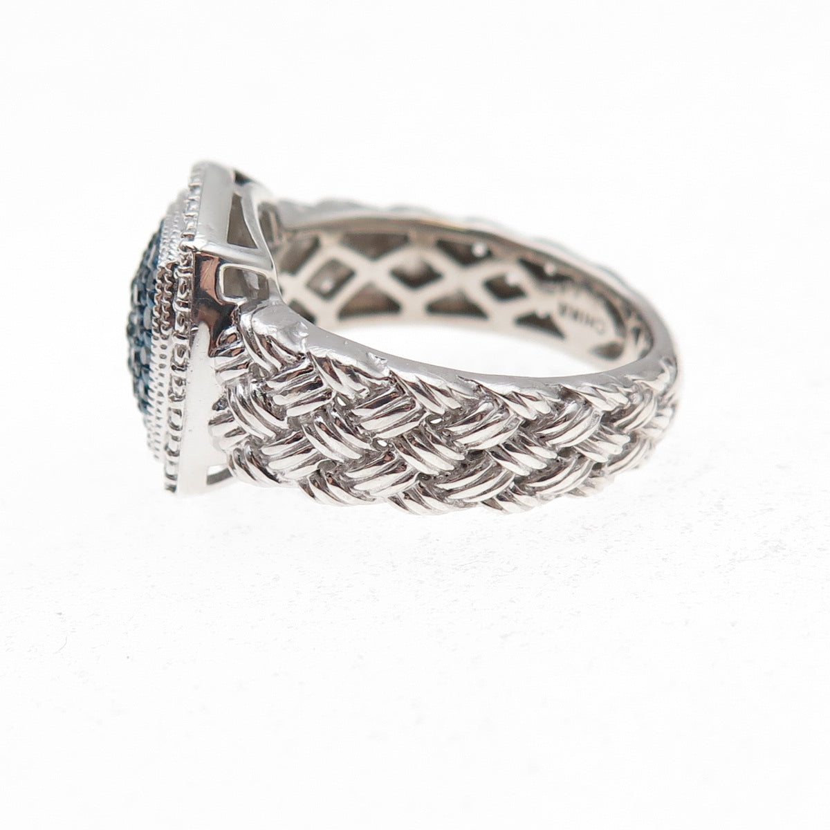 J. Stella 925 Sterling Silver Real Round-Cut Blue Diamond Heart Ring Size 6.25