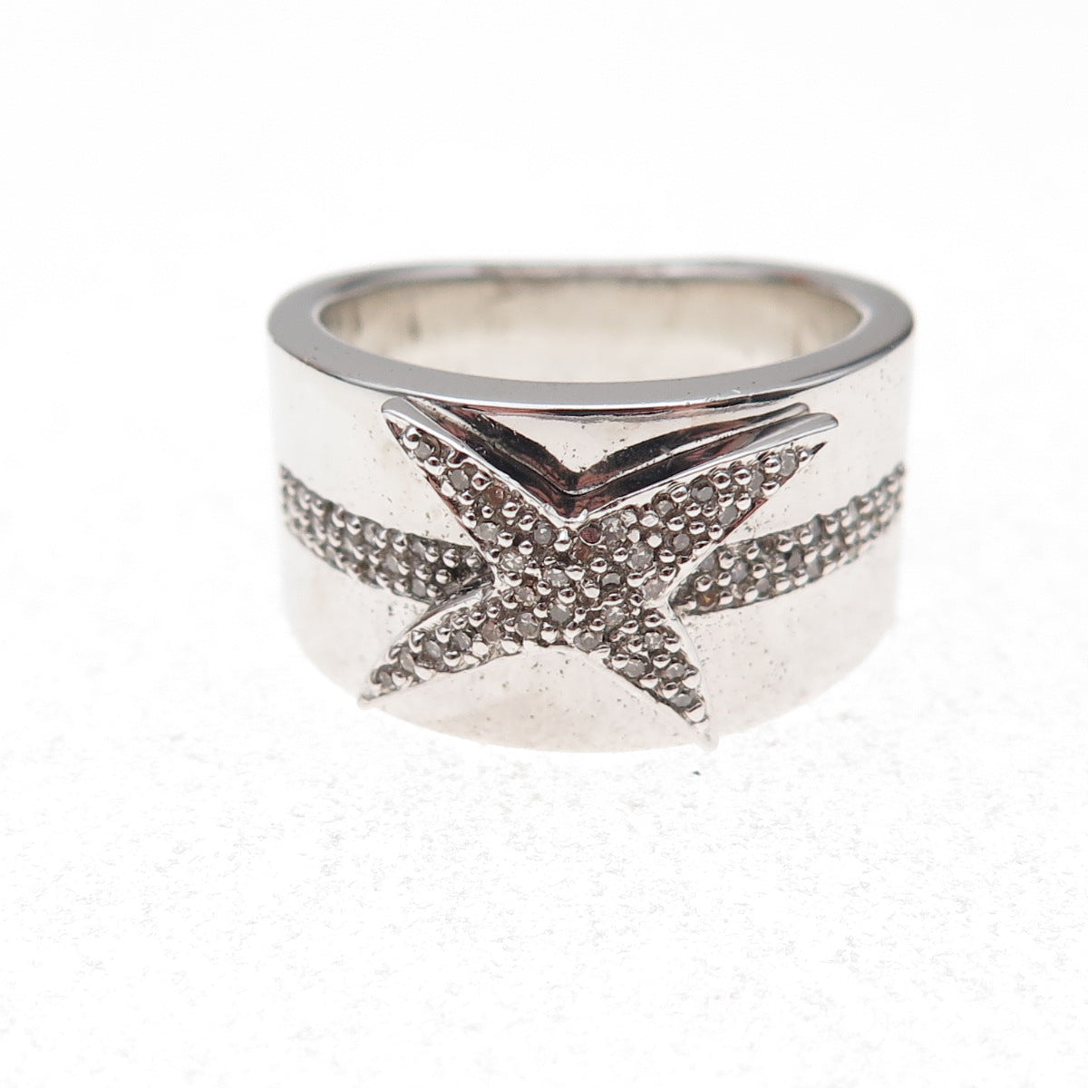 925 Sterling Silver Mexico Real Round-Cut Diamond Starburst Ring Size 7