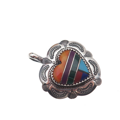 Quoc Turquoise Old Pawn Sterling Silver Vintage Multi-Gem Heart Charm Pendant