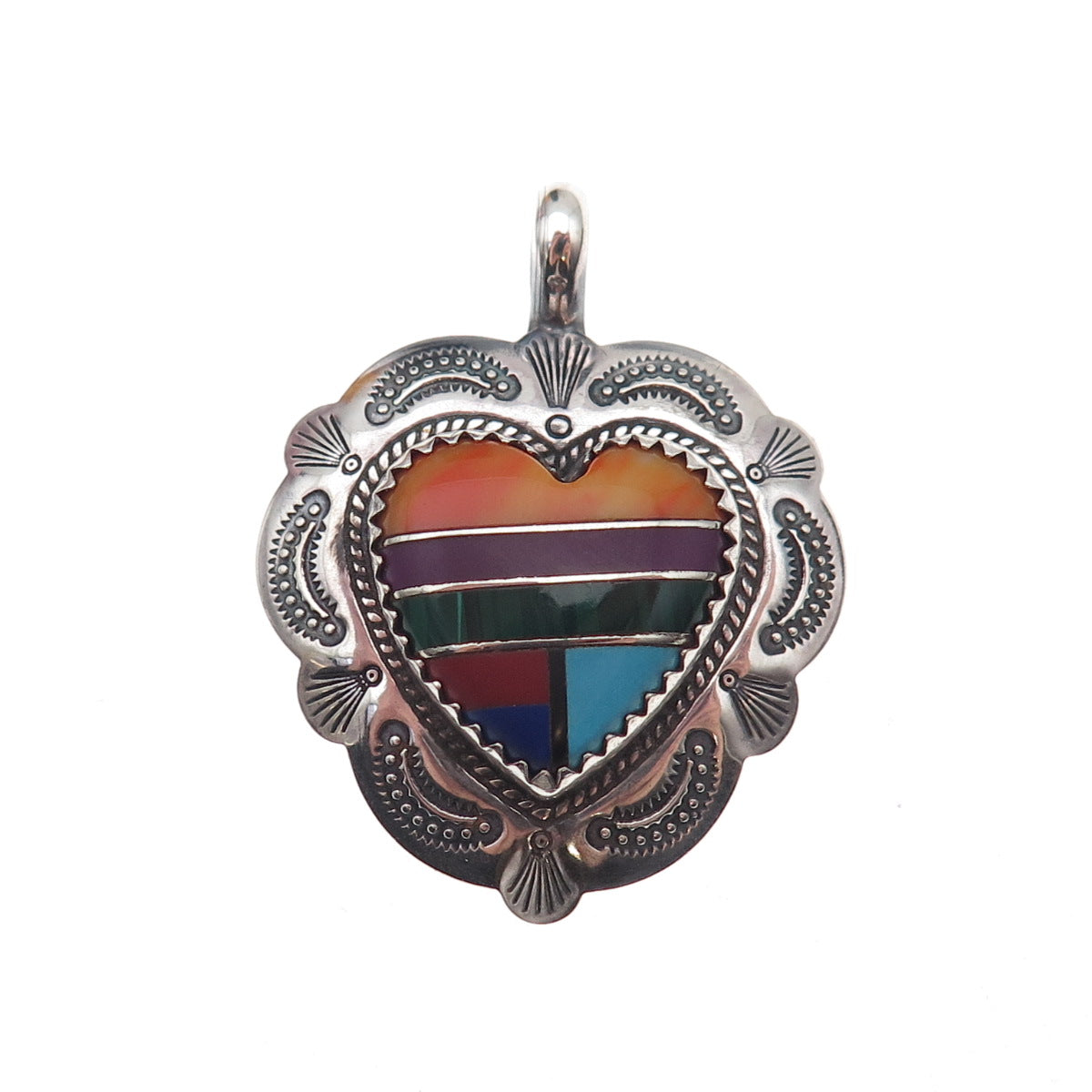Quoc Turquoise Old Pawn Sterling Silver Vintage Multi-Gem Heart Charm Pendant