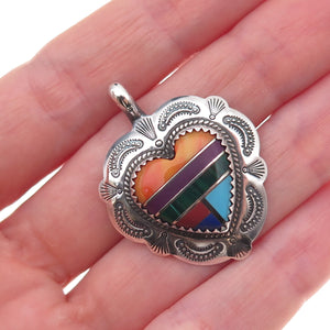 Quoc Turquoise Old Pawn Sterling Silver Vintage Multi-Gem Heart Charm Pendant