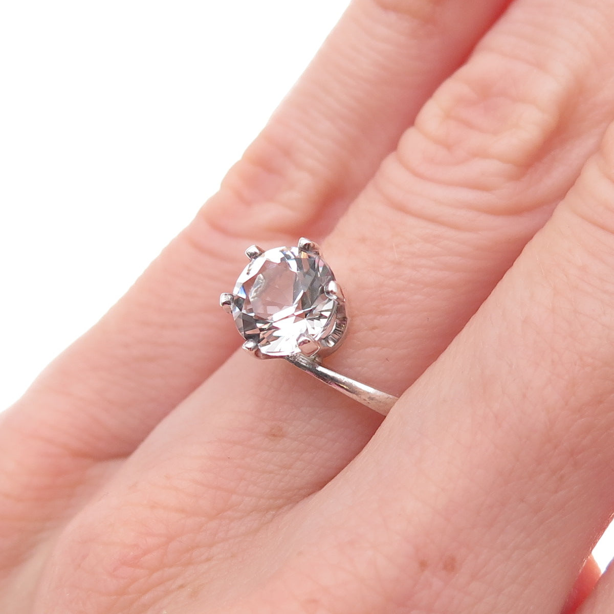 925 Sterling Silver Vintage Round-Cut Crystal Engagement Ring Size 5.5