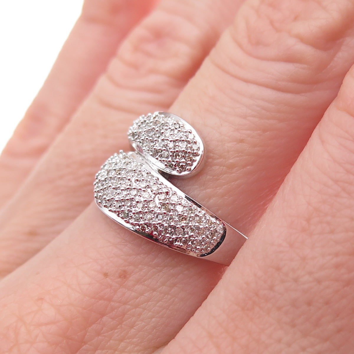 925 Sterling Silver Mexico Real Round-Cut Diamond Bypass Ring Size 7
