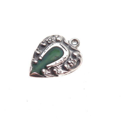 925 Sterling Silver Antique Art Deco Enamel Horseshoe Heart Chatelaine Pendant