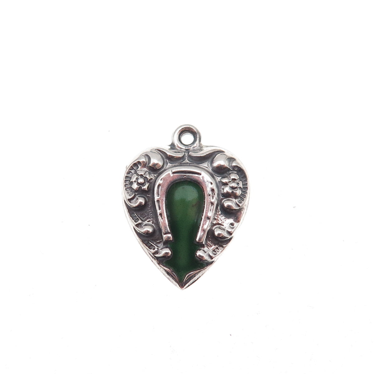 925 Sterling Silver Antique Art Deco Enamel Horseshoe Heart Chatelaine Pendant