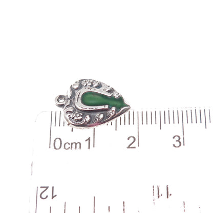 925 Sterling Silver Antique Art Deco Enamel Horseshoe Heart Chatelaine Pendant