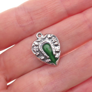 925 Sterling Silver Antique Art Deco Enamel Horseshoe Heart Chatelaine Pendant