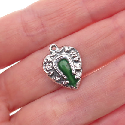 925 Sterling Silver Antique Art Deco Enamel Horseshoe Heart Chatelaine Pendant
