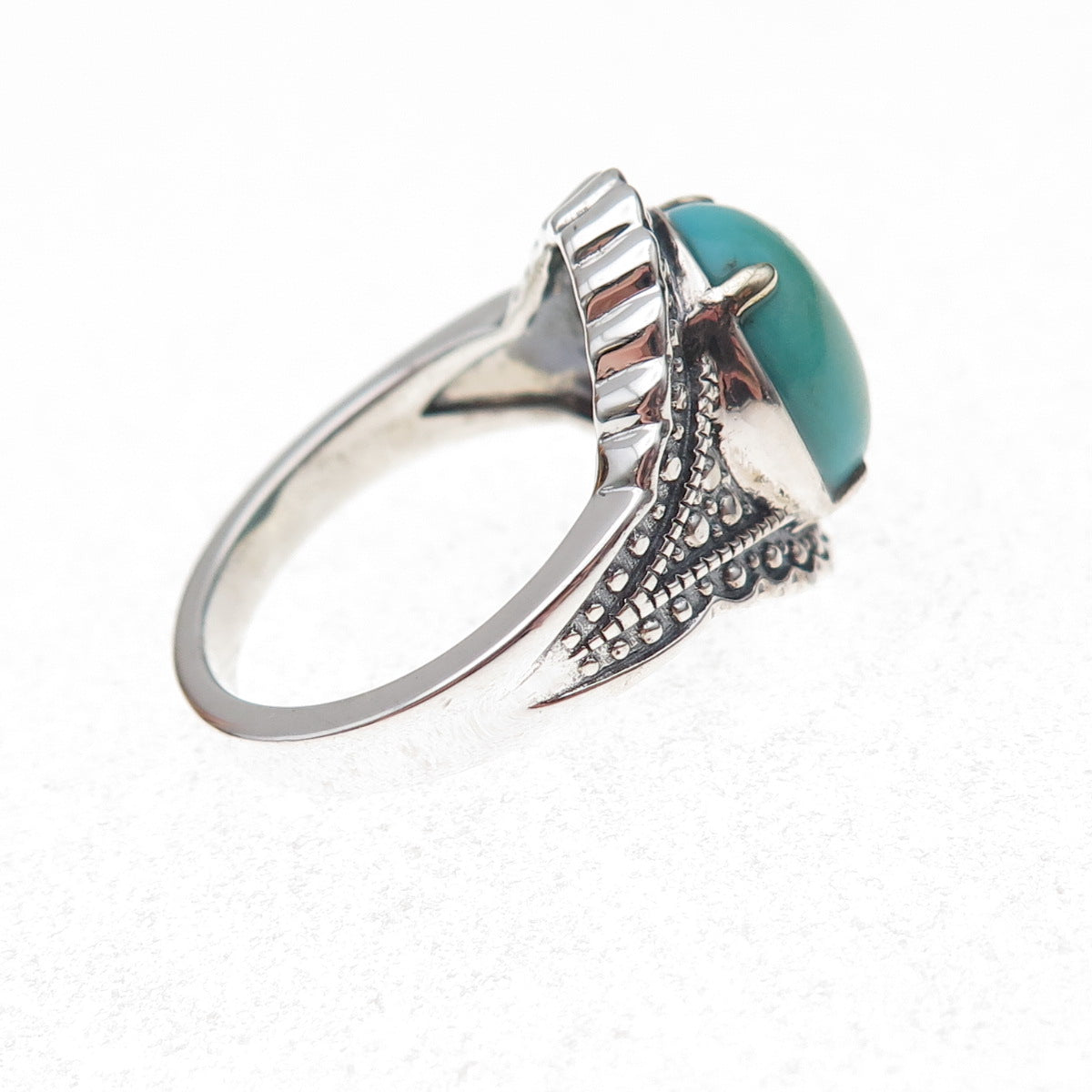 925 Sterling Silver Vintage Real Turquoise Granulated Oxidized Ring Size 8