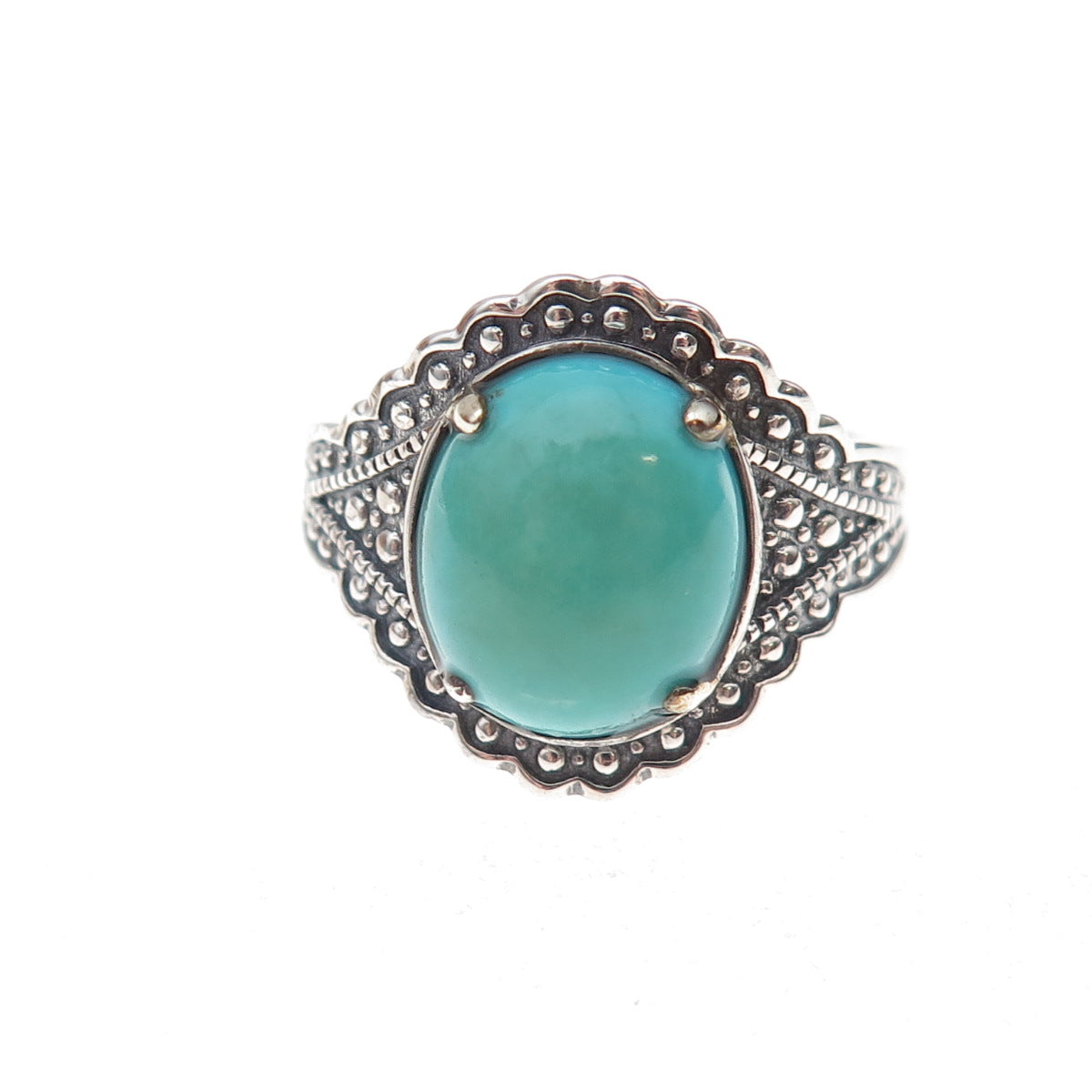 925 Sterling Silver Vintage Real Turquoise Granulated Oxidized Ring Size 8