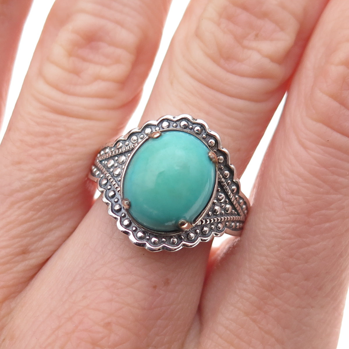 925 Sterling Silver Vintage Real Turquoise Granulated Oxidized Ring Size 8