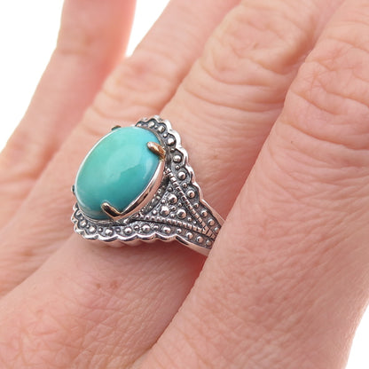 925 Sterling Silver Vintage Real Turquoise Granulated Oxidized Ring Size 8