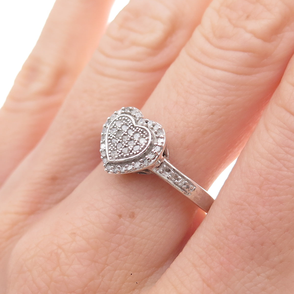 925 Sterling Silver Real Round-Cut Diamond Heart Ring Size 8