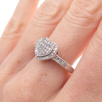 925 Sterling Silver Real Round-Cut Diamond Heart Ring Size 8