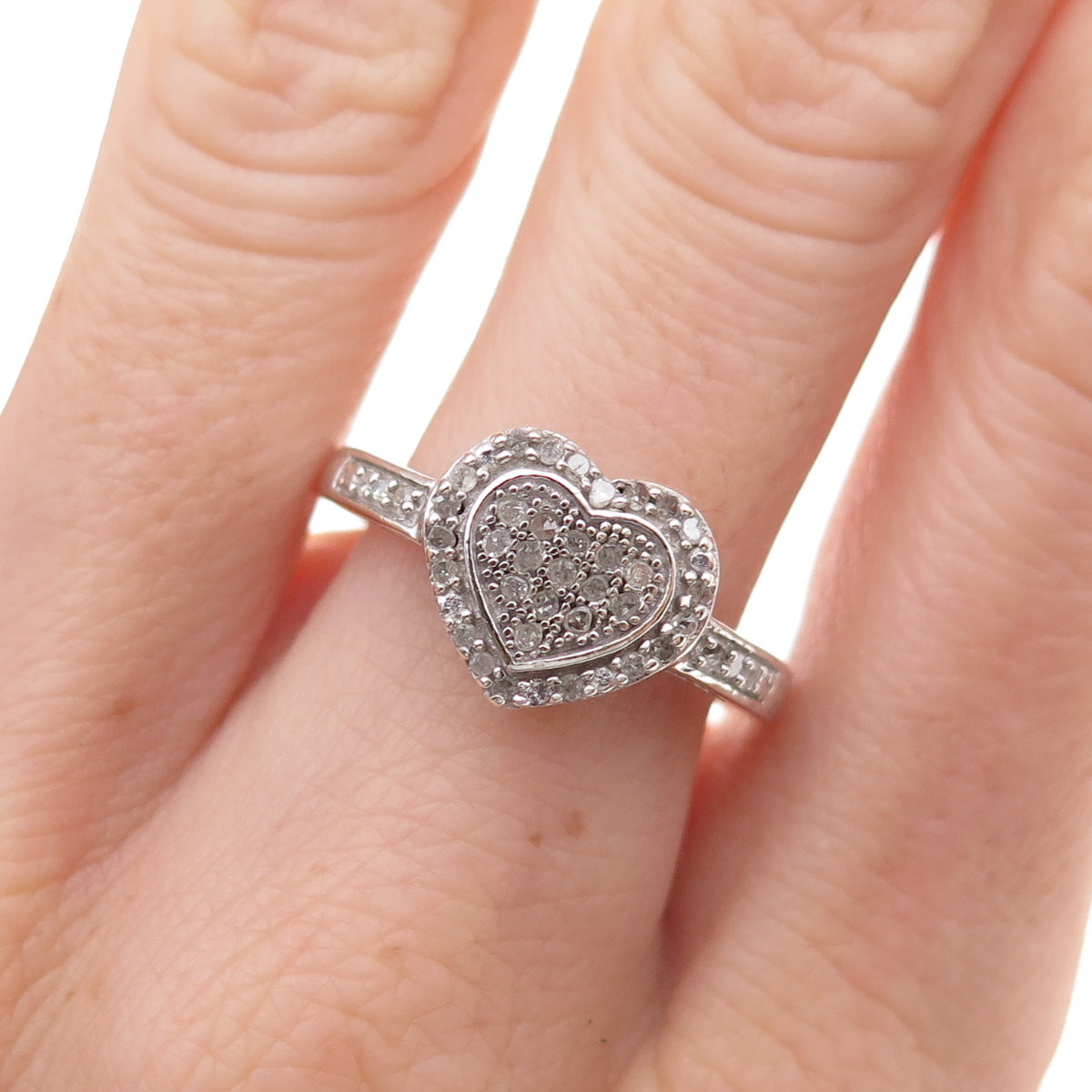 925 Sterling Silver Real Round-Cut Diamond Heart Ring Size 8