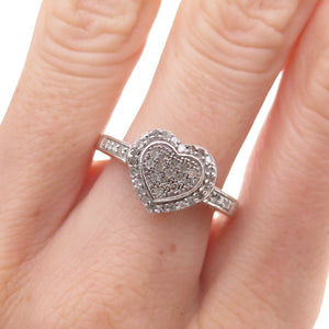 925 Sterling Silver Real Round-Cut Diamond Heart Ring Size 8