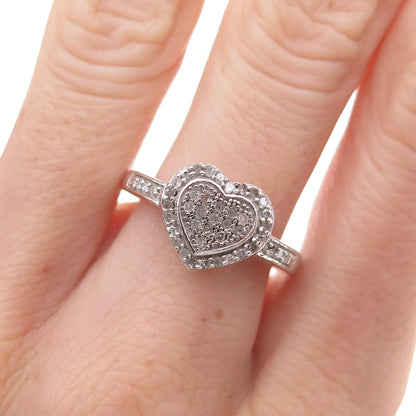 925 Sterling Silver Real Round-Cut Diamond Heart Ring Size 8
