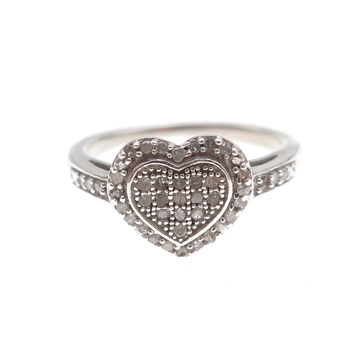 925 Sterling Silver Real Round-Cut Diamond Heart Ring Size 8
