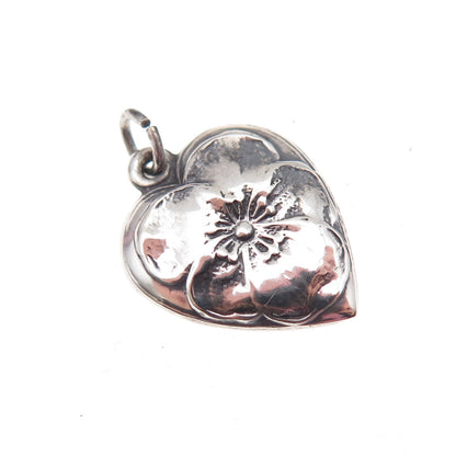 925 Sterling Silver Antique Art Deco Floral Heart Chatelaine Charm Pendant