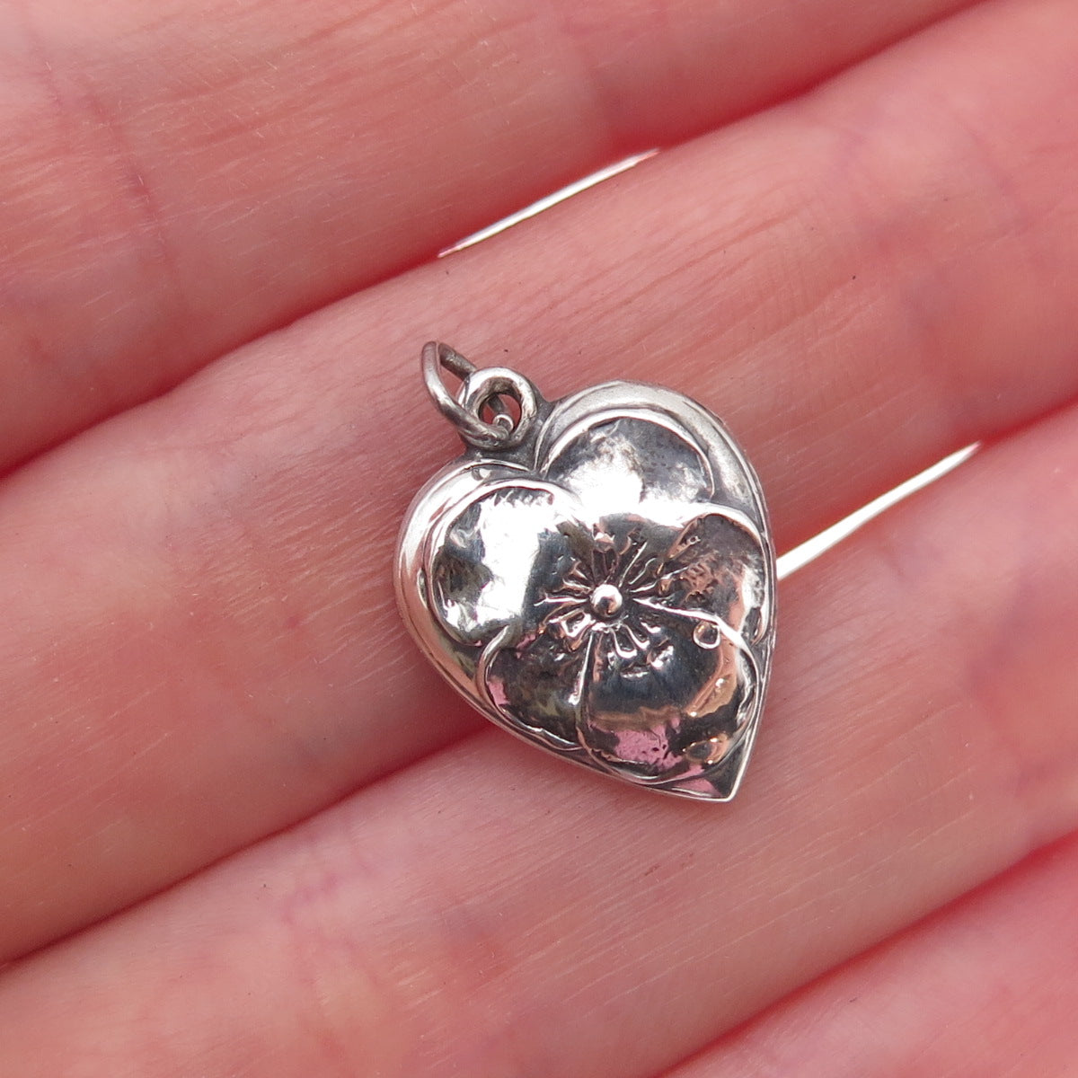 925 Sterling Silver Antique Art Deco Floral Heart Chatelaine Charm Pendant