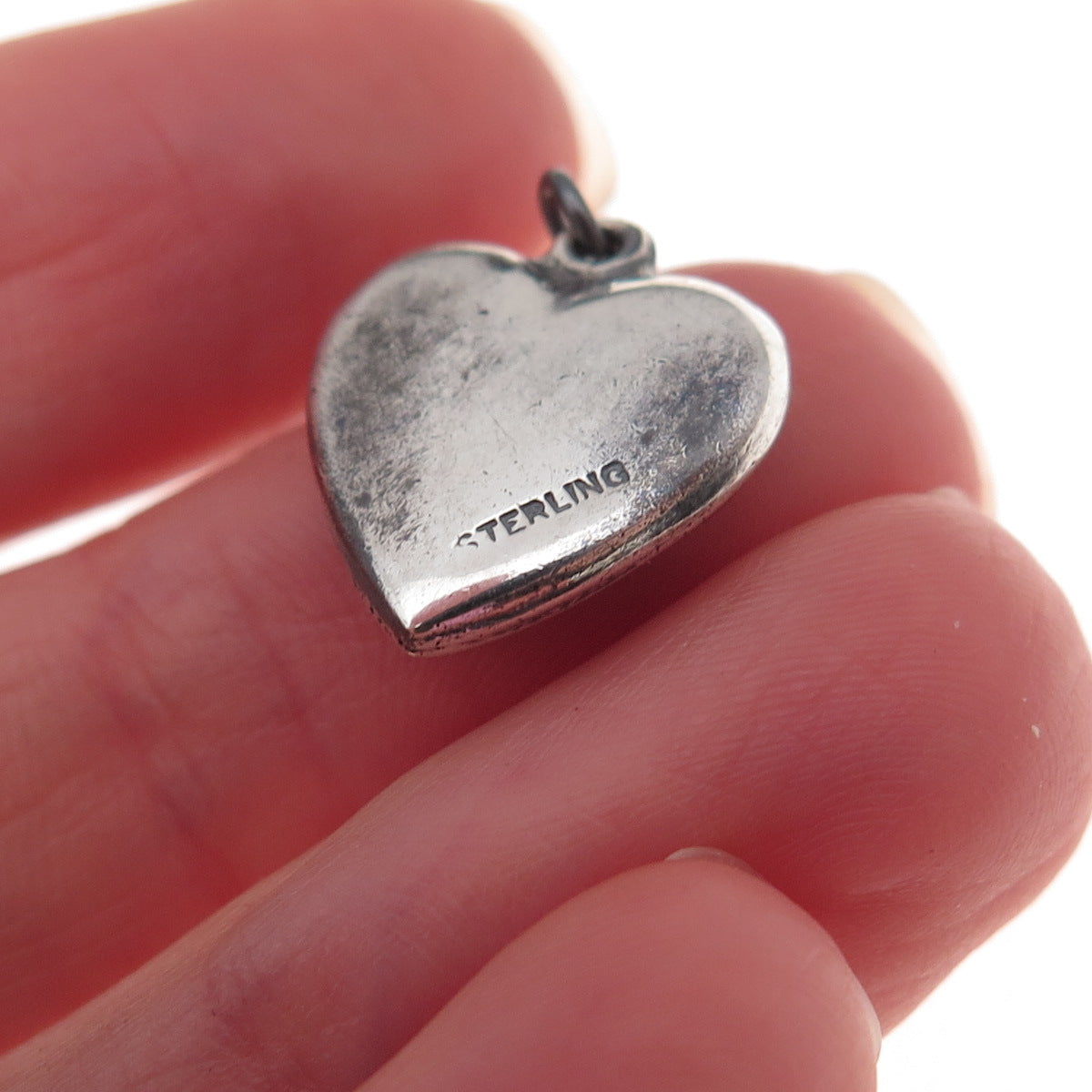 925 Sterling Silver Antique Art Deco Enamel Rose Heart Chatelaine Charm Pendant