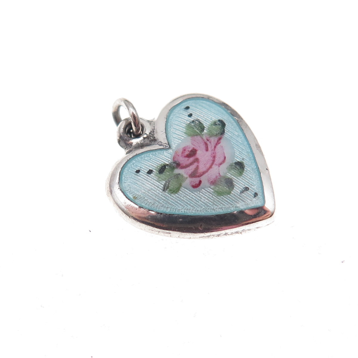 925 Sterling Silver Antique Art Deco Enamel Rose Heart Chatelaine Charm Pendant